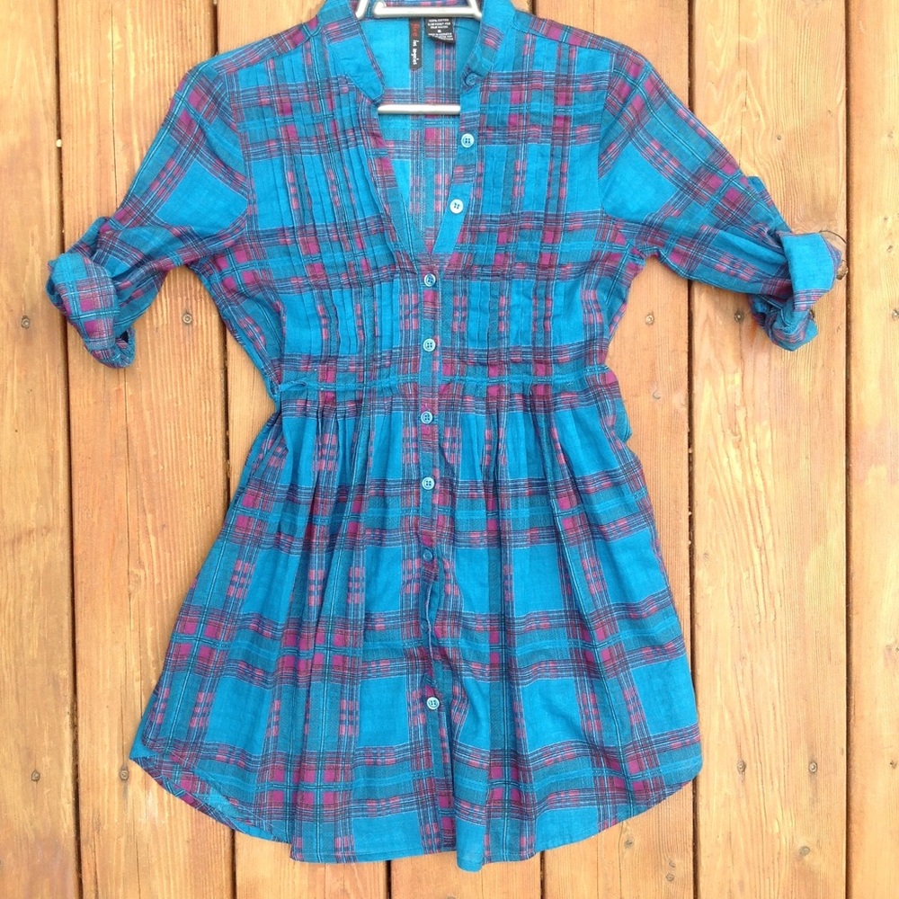FIRE LOS ANGELES 100% COTTON TEAL PLAID TUNIC TIE